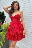 Bows Red Tiered Corset Strapless Homecoming Dress with Sequins