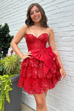 Bows Red Tiered Corset Strapless Homecoming Dress with Sequins