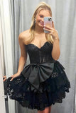 Black A-Line Strapless Ruffled Short Homecoming Dress with Bows