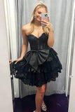 Black A-Line Strapless Ruffled Short Homecoming Dress with Bows