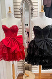 Black A-Line Strapless Ruffled Short Homecoming Dress with Bows