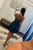 Peacock Blue Strapless A Line Tiered Mini Corset Homecoming Dress with Beading