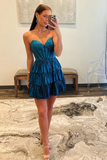 Peacock Blue Strapless A Line Tiered Mini Corset Homecoming Dress with Beading