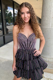 Black Strapless A Line Tiered Short Corset Homecoming Dress with Beading