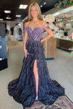 Sparkly Royal Blue Corset Tiered Off The Shoulder Prom Dress