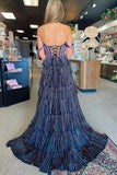 Sparkly Royal Blue Corset Tiered Off The Shoulder Prom Dress