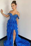Sparkly Royal Blue Corset Tiered Off The Shoulder Prom Dress