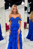 Sparkly Royal Blue Corset Tiered Off The Shoulder Prom Dress