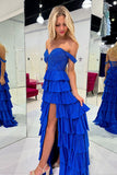 Sparkly Royal Blue Corset Tiered Off The Shoulder Prom Dress