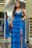 Sparkly Royal Blue Corset Tiered Off The Shoulder Prom Dress