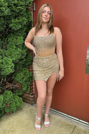 Sparkly Gold Beaded Short Corset Homecoming Dresss with Sequins
