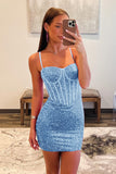 Blue Tight Corset Short Homecoming Dress with Sequins