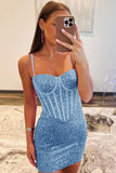 Blue Tight Corset Short Homecoming Dress with Sequins