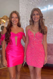 Stylish Hot Pink Corset Short Satin Homecoming Dress with Hollow out