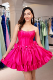 A-Line Sparkly Pink Beaded Ruffle Corset Homecoming Dress with Bow