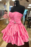 A-Line Sparkly Pink Ruffle Beaded Corset Homecoming Dress with Bow