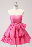 A-Line Sparkly Pink Ruffle Beaded Corset Homecoming Dress with Bow