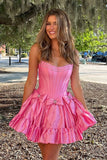 Sparkly Pink A Line Strapless Ruffled Corset Homecoming Dresses with Bow