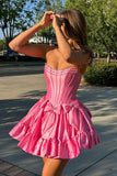 Sparkly Pink A Line Strapless Ruffled Corset Homecoming Dresses with Bow