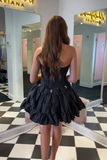 A-Line Sparkly Black Beaded Ruffle Corset Homecoming Dress with Bow