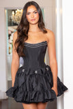 A-Line Sparkly Black Beaded Ruffle Corset Homecoming Dress with Bow