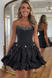 A-Line Sparkly Pink Beaded Ruffle Corset Homecoming Dress with Bow