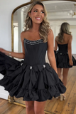 A-Line Sparkly Pink Beaded Ruffle Corset Homecoming Dress with Bow