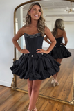 A-Line Sparkly Black Beaded Ruffle Corset Homecoming Dress with Bow