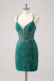 Tight Dark Green Corset Homecoming Dress With Sequins