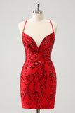 Glitter Red Tight V Neck Homecoming Dress with Sequins