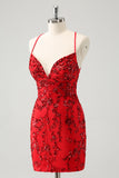 Glitter Red Tight V Neck Homecoming Dress with Sequins