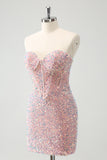 Sparkly Light Pink Tight Strapless Homecoming Dress with Sequins