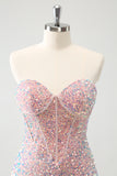 Sparkly Light Pink Tight Strapless Homecoming Dress with Sequins