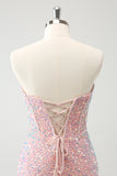 Sparkly Light Pink Tight Strapless Homecoming Dress with Sequins