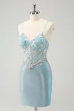 Sparkly Light Blue Tight Homecoming Dress with Beading