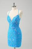 Glitter Sky Blue Tight Homecoming Dress with Sequins