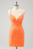 Glitter Orange Tight Homecoming Dress with Sequins