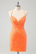 Sparkly Orange Lace-Up Back Tight Short Homecoming Dress with Sequins
