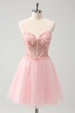 Beaded Pink A Line Corset Short Homecoming Dress