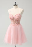 Beaded Pink A Line Corset Short Homecoming Dress
