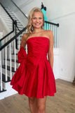Red A Line Strapless Homecoming Dress with a Big Bowknot