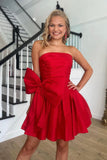 Red A Line Strapless Homecoming Dress with a Big Bowknot