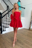 Red A Line Strapless Homecoming Dress with a Big Bowknot