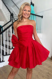 Red A Line Strapless Homecoming Dress with a Big Bowknot
