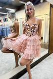 Sparkly Pink Mirror A Line Tulle Tiered Mini Homecoming Dress