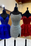 Halter Royal Blue A Line Tiered Corset Homecoming Dress with Appliques