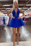 Halter Royal Blue A Line Tiered Corset Homecoming Dress with Appliques