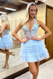 Halter Royal Blue A Line Tiered Corset Homecoming Dress with Appliques