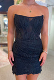 Black Strapless Sparkly Beaded Lace Corset Homecoming Dress with Appliques