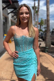 Sparkly Turquoise Tight Ruched Beaded Homecoming Dress with Slit